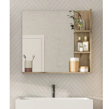 Salle de bains avec armoire de toilette avec étagères au-dessus d'un lavabo