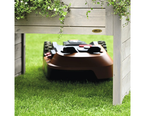 Rasenmähroboter unter einem Unterstand mit Bepflanzung