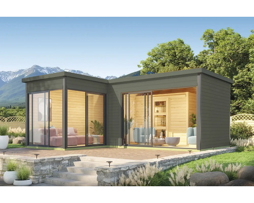 Gartenhaus Outdoor Life Domeo 11 inkl. Fußboden 619,6 x 519,6 cm graugrün Modernes Gartenhaus mit Schiebetüren und Terrasse im Garten