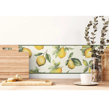 Küchenszene mit Zitronenbordüre, Schneidebrettern, Geschirr und Dekorationen auf einer Holzoberfläche