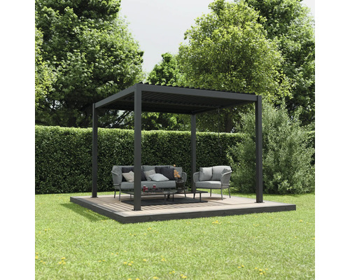 Pergola Ximax Shade 3x3 m inkl. Beleuchtung 296 x 296 cm dunkelgrau Quadratische Pergola mit Loungemöbeln auf einer Holzterrasse im Garten.