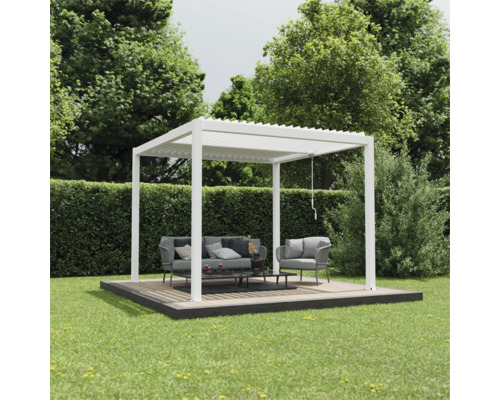 Pergola Ximax Shade 3x3 m inkl. Beleuchtung 296 x 296 cm weiß Freistehende, weiße Gartenpergola mit Möbeln auf einer Terrasse im Garten