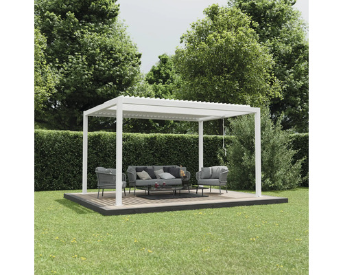 Pergola Ximax Shade 3x4 m inkl. Beleuchtung 296 x 395 cm weiß Terrasse mit weisser Pergola, Sitzgruppe und Tisch im Garten