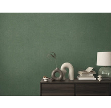 Gros plan d'un papier peint textile vert sur un mur derrière une armoire.