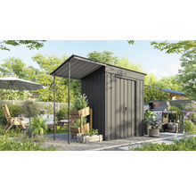 Gartenambiente mit Gerätehaus aus Metall und überdachtem Bereich für Gartengeräte
