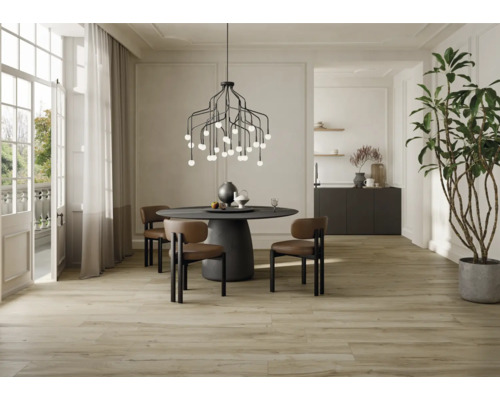 Salle à manger avec table, chaises, suspension et plancher en bois