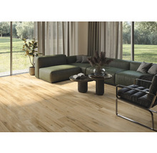 Wohnzimmer mit Holzboden, Sofa und Sessel