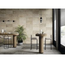 Pièce lumineuse avec carrelage mural et au sol, tables, chaises et plante d'intérieur