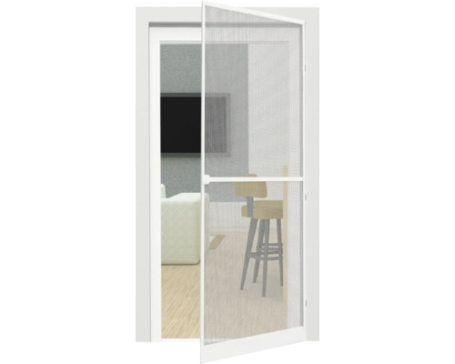 Insektenschutz Alu-Tür 1 weiss 100x210 cm Geöffnete Insektenschutztür mit Blick auf das Wohnzimmer
