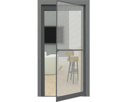 Insektenschutz home protect Alu-Tür 1 anthrazit 100x210 cm Geöffnete Insektenschutztür im Wohnbereich