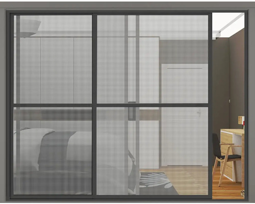 Schiebetür vor einem Schlafzimmer mit Bett und Schreibtisch.