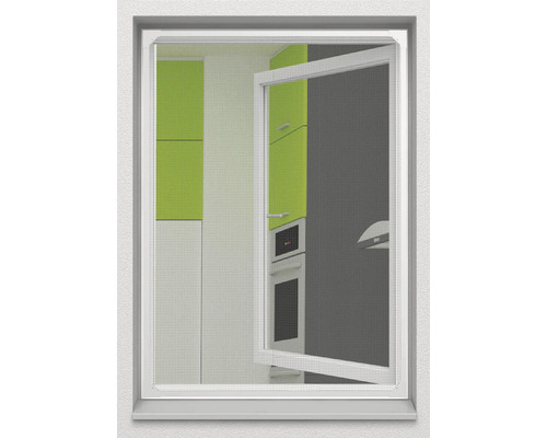 Fliegengitter am Fenster mit Blick auf eine Küche