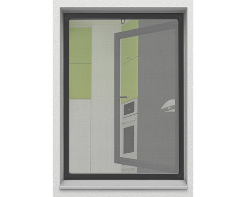 Fliegengittertür am Fenster mit Blick in eine Küche