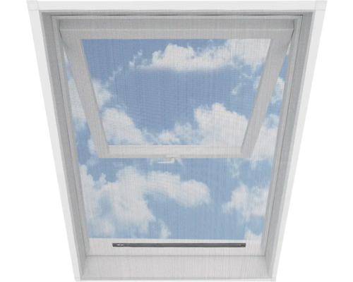 Dachfenster mit Insektenschutzgitter im geöffneten Zustand, Blick auf den Himmel