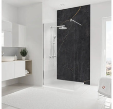 Salle de bain lumineuse avec paroi de douche, lavabo et mur en marbre noir