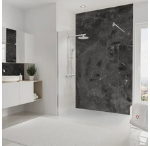 Salle de bain lumineuse avec cabine de douche, lavabo et mur en marbre noir