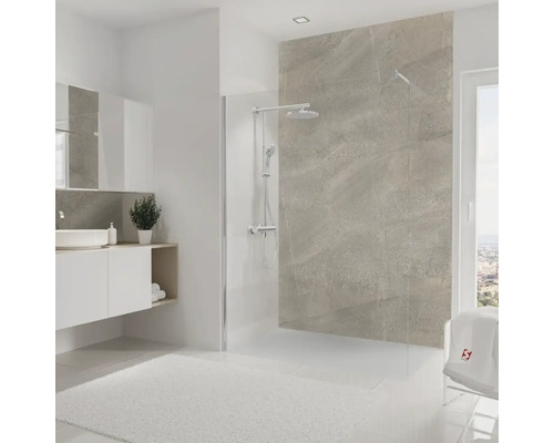 Salle de bain moderne avec douche à l'italienne, lavabo et meubles de salle de bain pour une ambiance claire et organisée.