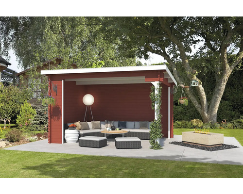 Pavillon Outdoor Life Buffalo 420 x 324 cm schwedischrot Überdachte Sitzecke im Garten mit Loungemöbeln und Feuerstelle