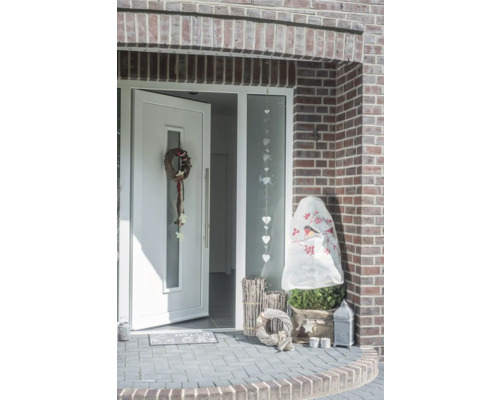 Entrée d'une maison avec porte ouverte et éléments décoratifs