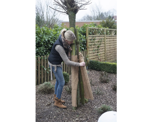 Une femme protège un arbre du gel avec du jute dans le jardin.