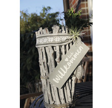 Vase décorative en bois avec panneau de bienvenue et plantes