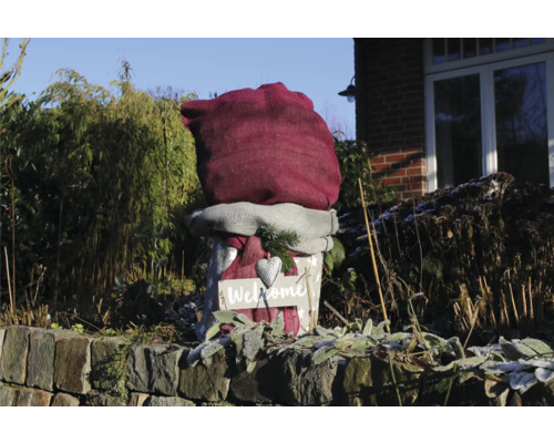 Plante emballée avec un sac de jute et une pancarte indiquant Bienvenue dans le jardin