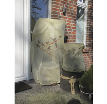 Pots de fleurs avec housse de protection hivernale à motif d'oiseaux devant une maison