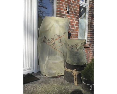 Pots de fleurs avec housse de protection hivernale à motif d'oiseaux devant une maison