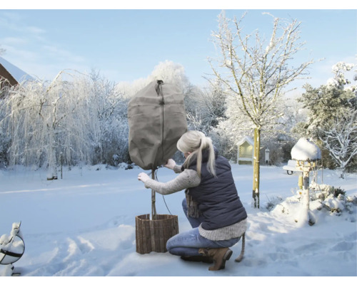 Femme fixant une housse de protection hivernale sur une plante dans le jardin