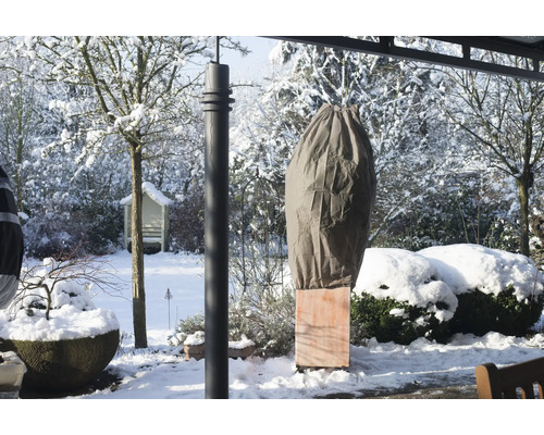 Paysage hivernal avec housse de protection pour plantes dans le jardin
