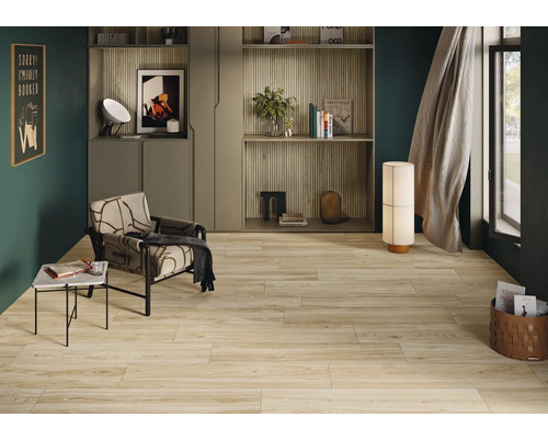 Salon avec carrelage imitation bois, fauteuil et système d'étagères