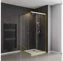 Eckdusche mit Goldrahmen und Heizkörper in einem Badezimmer