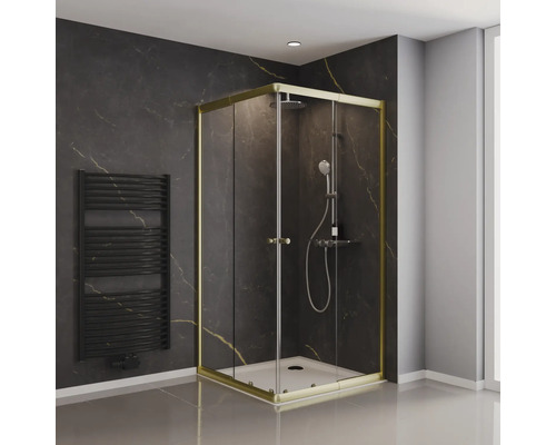 Badezimmer mit Duschkabine, Handtuchwärmer und dunkler Wand