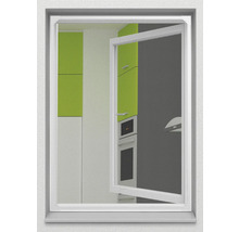 Fliegengittertür mit Aluminiumrahmen im geöffneten Zustand