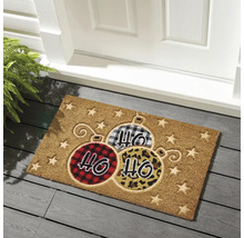 Paillasson avec motif de boules de Noël devant une porte