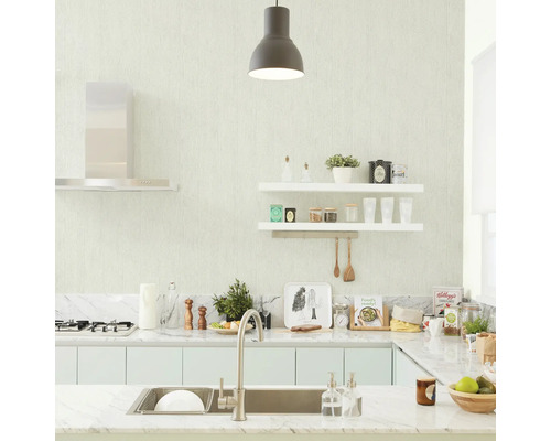 Cuisine claire avec évier, étagères et hotte aspirante pour une ambiance épurée.