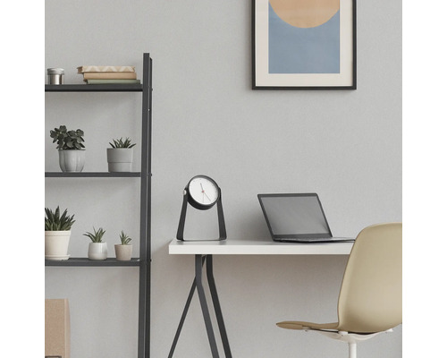 Scène d'intérieur avec bureau, horloge de table, étagère et plantes d'intérieur