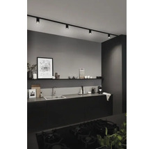 Cuisine moderne avec kitchenette noire, évier, étagère et système de rail noir avec spots.