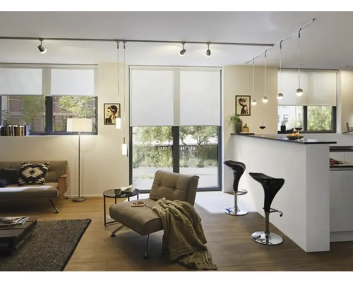 Heller Wohnraum mit Rollos an den Fenstern und einer Schienenbeleuchtung an der Decke
