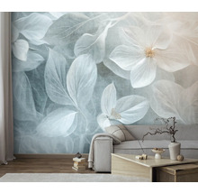 Wohnraum mit Fototapete mit Blüten- und Blättermotiv