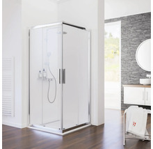 Salle de bain moderne avec cabine de douche, lavabo et plancher en bois
