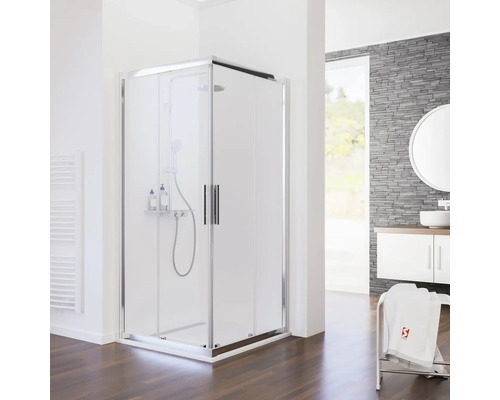 Salle de bain moderne avec cabine de douche, lavabo et plancher en bois