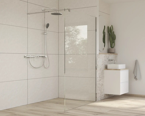 Badezimmer mit begehbarer Dusche, Waschbecken und Pflanze