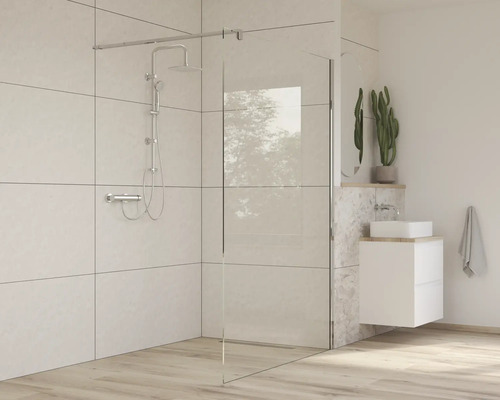 Modernes Badezimmer mit Duschkabine, Duscharmatur und Waschtisch