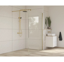 Salle de bains avec paroi de douche, robinetterie de douche et lavabo