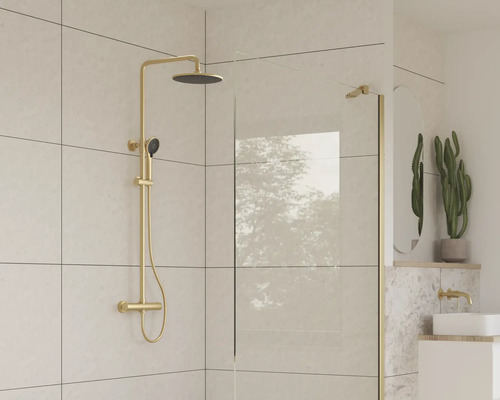 Salle de bains moderne avec robinetterie de douche et paroi en verre