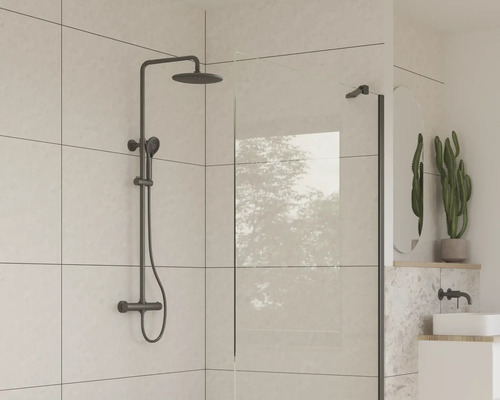 Salle de bains avec robinetterie de douche et paroi de douche
