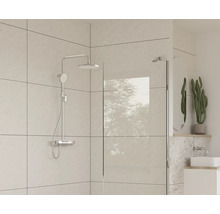 Salle de bains avec paroi de douche, système de douche et lavabo