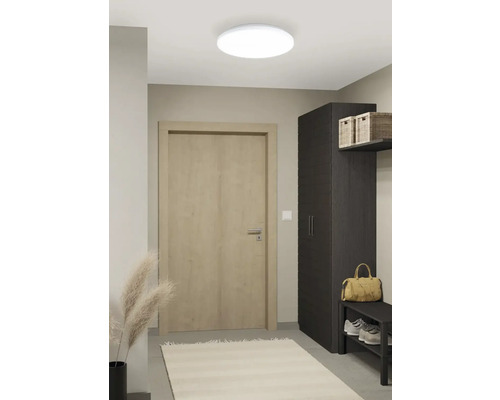 Flur mit Deckenspots, Tür, Schrank und Schuhregal für einen organisierten Eingangsbereich.