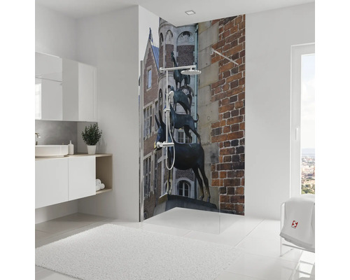 Salle de bains moderne avec paroi de douche avec motif des musiciens de Brême